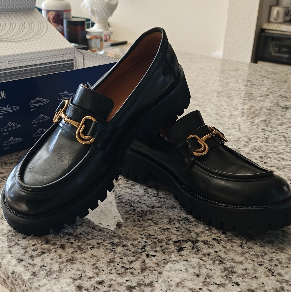 Black and Gold Chunky Loafers with Lug Sole